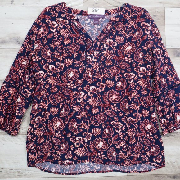 Gloria Vanderbilt* Women's Flared Long‎ Sleeve V-Neck Blouse Medium Black/Orange - Picture 1 of 7